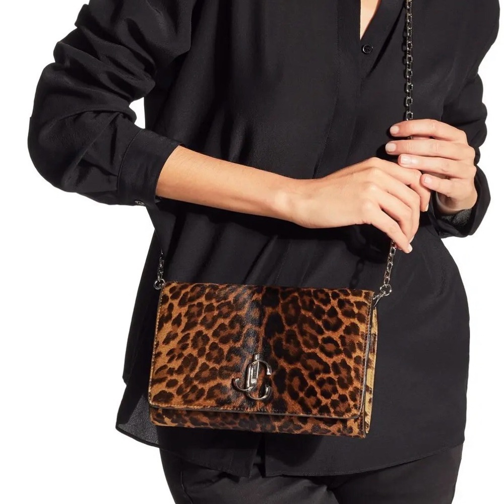 Jimmy Choo Varenne Clutch Pony Hair Leopard Print Chain Shoulder Bag